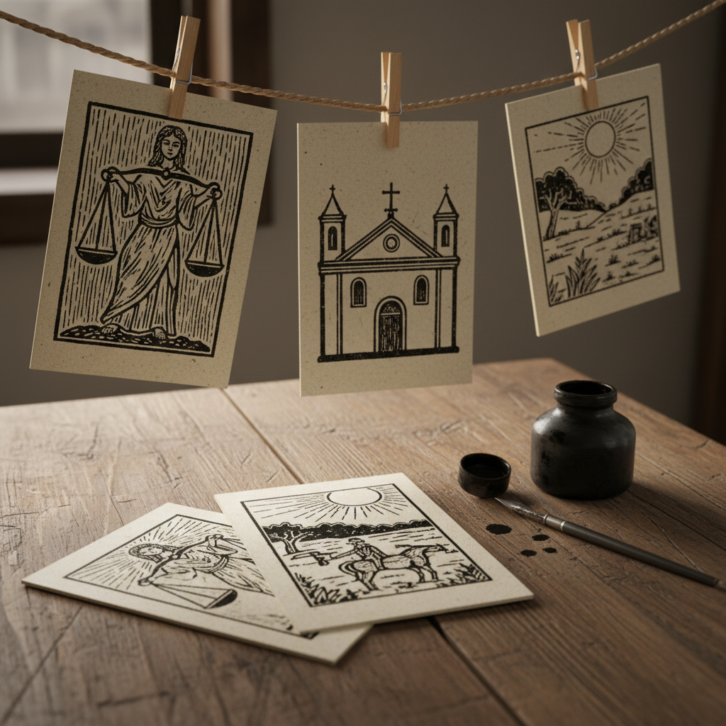 A rustic cordel literature display is arranged on an aged wooden table: several monochrome pamphlets printed on textured recycled paper, each with bold, woodcut-style covers featuring scales of justice, churches, and scenes of the sertão. A simple jute cord runs across the top of the frame, with a few cordéis pegged gently to it using small wooden clothespins. A well-used, open inkwell and a steel dip pen rest nearby, with faint ink stains on the tabletop. Warm, directional side lighting mimics a late-afternoon lamp, casting dramatic yet cozy shadows that emphasize paper fibers and printed lines. Captured at close range with shallow depth of field and photographic realism, the mood is cultural, intimista e profundamente nordestino, perfect for a section dedicated to cordéis de fé, justiça e cidadania.