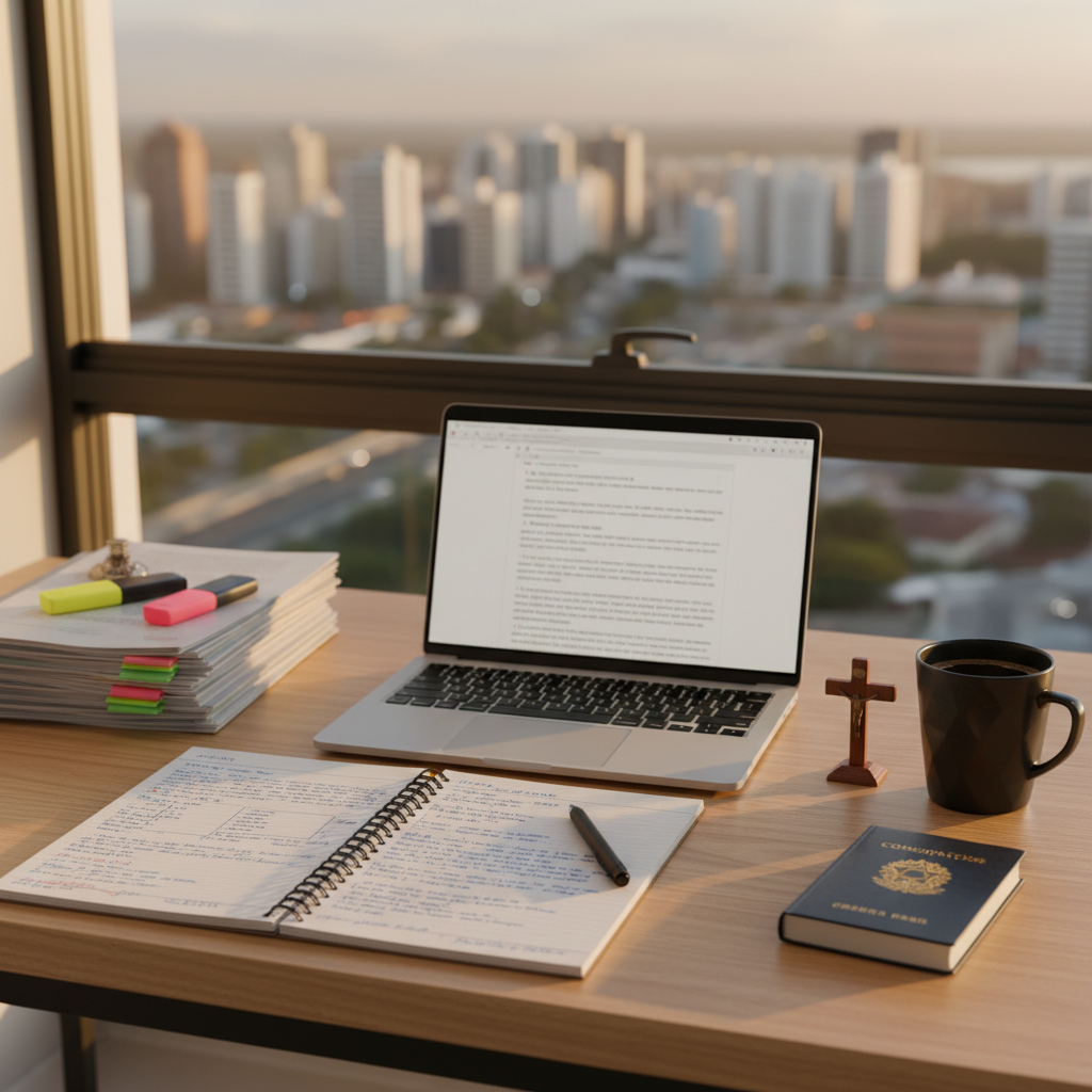 A clean, modern home office desk symbolizes reflexão e produção intelectual: a slim, open laptop showing a blurred text document, a stack of neatly arranged printed articles with highlighted passages, and a spiral notebook filled with handwritten annotations. A simple wooden crucifix and a small Brazilian Constitution volume stand side by side near a ceramic mug of black coffee. The desk sits near a large window overlooking a softly out-of-focus cityscape of Recife. Late-afternoon golden-hour light bathes the scene, creating warm reflections on the laptop’s metallic surface. Shot from a slightly elevated angle with rule-of-thirds composition in photographic realism, the image feels focused, tranquilo e profissional, ideal for pages hosting artigos, ensaios e reflexões jurídicas e sociais.