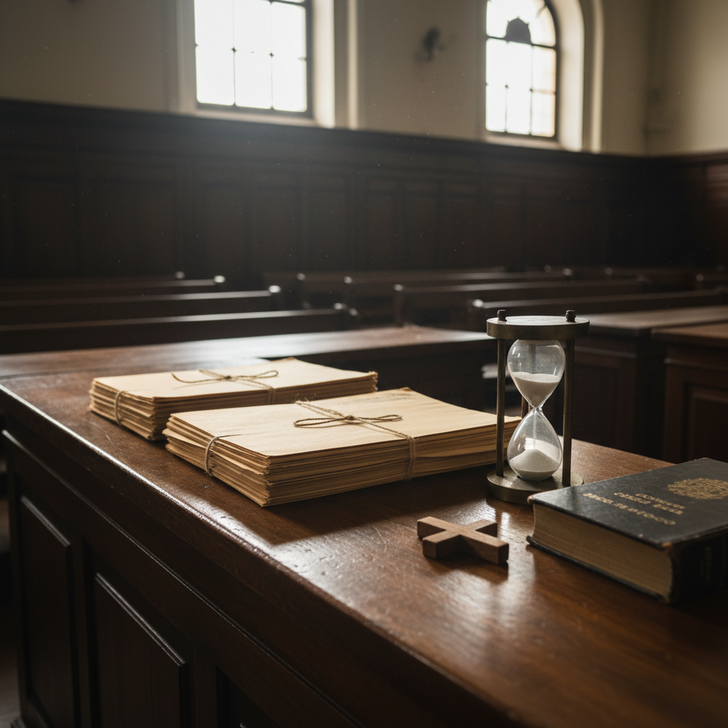 An antique wooden judge’s bench, polished to a subtle sheen, stands in an empty, orderly courtroom, symbolizing decades de serviço à Justiça em Pernambuco. On its surface lie neatly stacked process folders tied with simple string, a brass hourglass with fine sand mid-fall, and a small carved wooden cross resting beside a legal code. Soft, diffused morning light from high windows illuminates faint dust motes, creating a calm, contemplative atmosphere. The camera frames the bench from a slightly low angle in photographic realism, with the spectator benches and paneled walls softly blurred in the background. The mood is serene yet solemn, evoking responsabilidade, fé e compromisso social, ideal for a section about trajetória na magistratura e valores éticos.