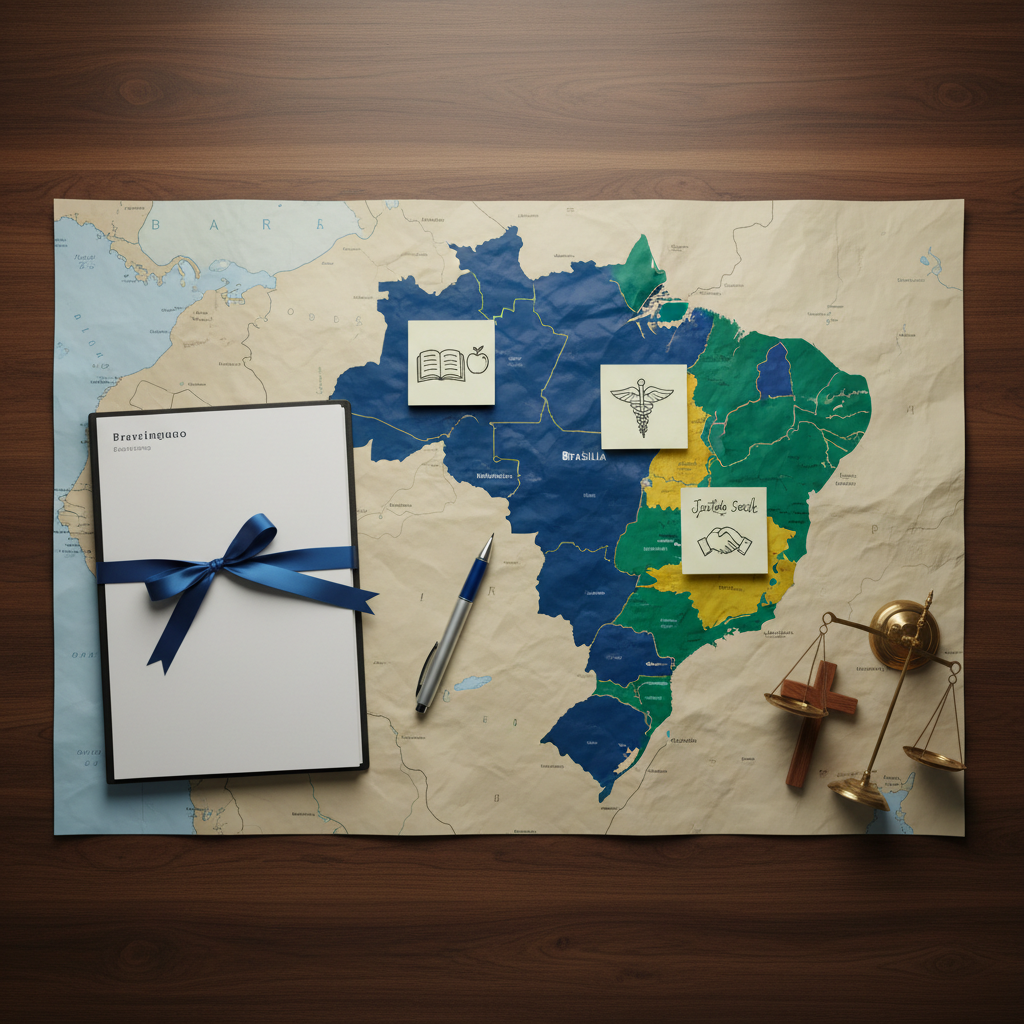 A symbolic campaign planning table for a pré-candidatura a Deputado Federal em 2026: a large, unfolded roadmap of Brazil highlights Pernambuco in rich color at the center. Around it lie sticky notes with hand-drawn icons of education, health, and social justice, a neatly stacked briefing dossier tied with a blue ribbon, and a simple, unbranded ballpoint pen pointing toward Brasília on the map. A small wooden cross and a miniature scale of justice stand side by side at the map’s edge. Overhead, neutral, soft studio lighting creates even illumination, with subtle shadows adding depth. Framed from above in photographic realism with sharp focus throughout, the atmosphere is purposeful, ético e esperançoso, ideal for a section explaining propostas, missão pública e compromisso com Pernambuco e o Brasil.